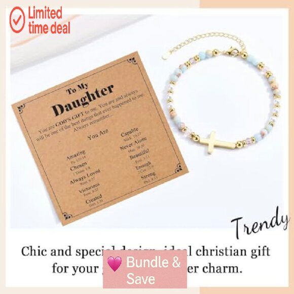 Christian Cross Bead Bracelet with Extender, 7" Length, Stone Material - Picture 4 of 7